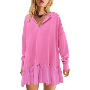 LAMISSCHE Womens Sweatshirt Dress Oversized Long Sleeve V Neck Pullover Tops Flowy Ruffle Patchwork Mini Dress(Black White,L) in Kuwait