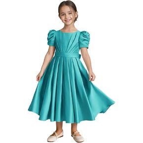 Cute Satin Flower Girl Dress Bowknot Long Wedding Gown Birthday Party Princess Short Puffy Sleeve Dresses in Kuwait