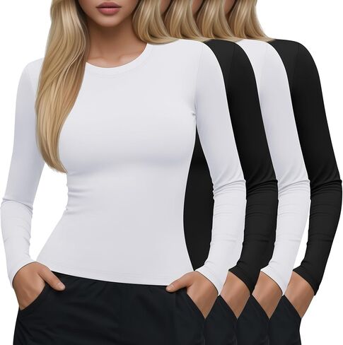 Neer 4 Pcs Womens Long Sleeve Yoga Shirts Crew Neck Compression Tight Workout Shirts Lightweight Stretchy Breathable Tees in Saudi Arabia