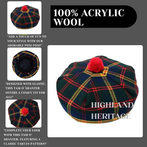 Scottish Tartan Tam O’ Shanter Hat – Unisex Adjustable Acrylic Wool Highland Cap with Pom Kilt Outfit & Casual Wear Bonnet in Saudi Arabia