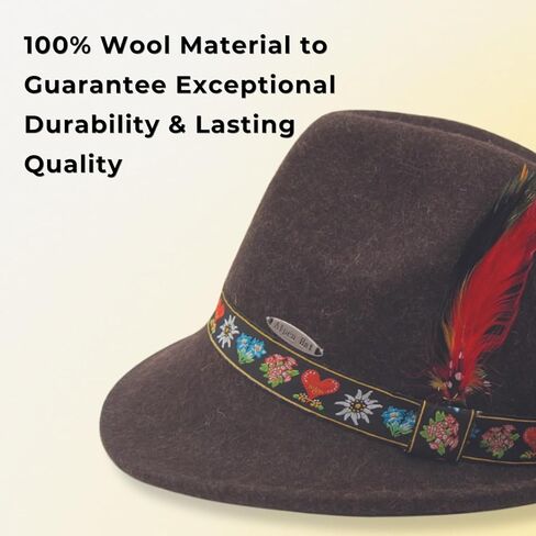 القبعة الألمانية | قبعات صوف 100% للرجال والنساء - قبعة مهرجان أكتوبر مع فرقة وريش إديلويس البافارية | فيدورا بني in Kuwait