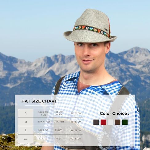 القبعة الألمانية | قبعات صوف 100% للرجال والنساء - قبعة مهرجان أكتوبر مع فرقة وريش إديلويس البافارية | فيدورا بني in Kuwait