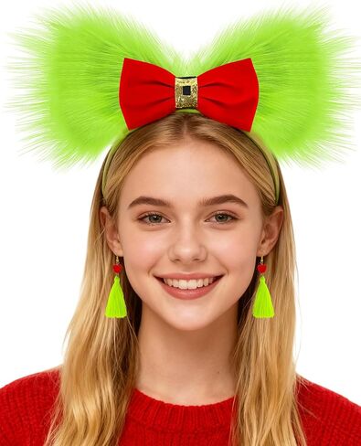 Green Furry Bow Headband Large Monster Bows Tree Topper Christmas Dangle Earrings Red Heart Green Tassel Xmas Costume Dress up Accessories for Women in Saudi Arabia