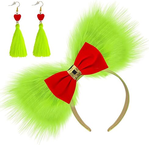 Green Furry Bow Headband Large Monster Bows Tree Topper Christmas Dangle Earrings Red Heart Green Tassel Xmas Costume Dress up Accessories for Women in Saudi Arabia
