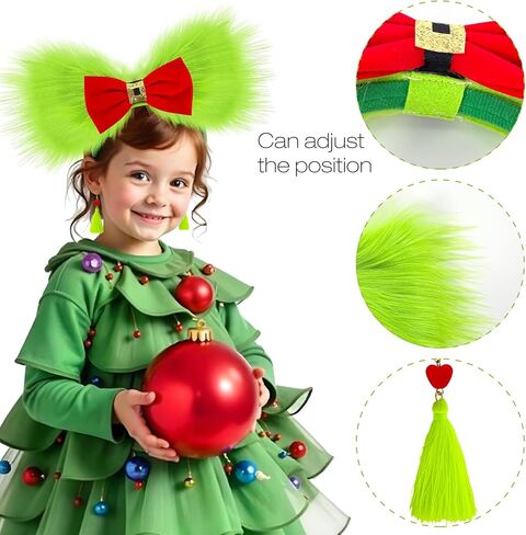 Green Furry Bow Headband Large Monster Bows Tree Topper Christmas Dangle Earrings Red Heart Green Tassel Xmas Costume Dress up Accessories for Women in Saudi Arabia
