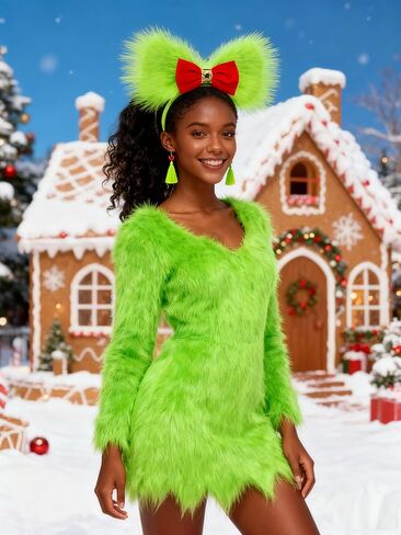 Green Furry Bow Headband Large Monster Bows Tree Topper Christmas Dangle Earrings Red Heart Green Tassel Xmas Costume Dress up Accessories for Women in Saudi Arabia