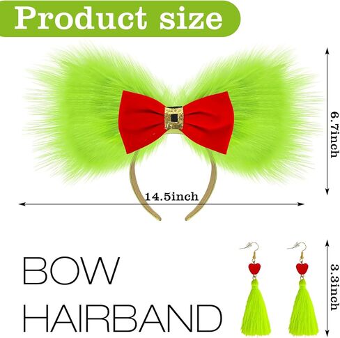 Green Furry Bow Headband Large Monster Bows Tree Topper Christmas Dangle Earrings Red Heart Green Tassel Xmas Costume Dress up Accessories for Women in Saudi Arabia