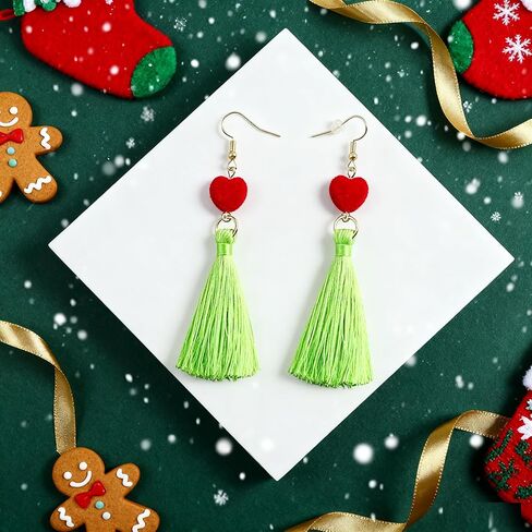Green Furry Bow Headband Large Monster Bows Tree Topper Christmas Dangle Earrings Red Heart Green Tassel Xmas Costume Dress up Accessories for Women in Saudi Arabia