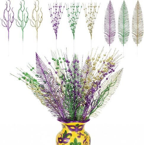 18 Pcs Mardi Gras Colorful Glitter Ting Branches Stems Ornaments 17.7 Inch Decorative Glittery Sticks Curly Twigs Picks for Mardi Gras Party Decorations Table Centerpiece Costume Crafts in Kuwait