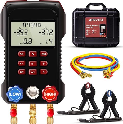 HVAC Gauges, Digital AC Gauge Set Aprvtio AMD517 Digital Manifold Gauge with Hoses and 2 Wired Temperature Clamp Probes, Automotive Refrigeration HVAC System Gauge Set, HVAC Tools Kit R134a R22 in Kuwait