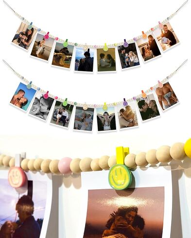 Hanging Photo Display Wall,2 pcs photo banners,with 16 wooden smile clips, for decorating classrooms, bedrooms, living rooms, offices, and dorm rooms (2, Colorful) in Saudi Arabia