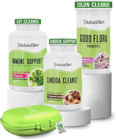 مجموعة مكملات دعم تطهير المبيضات NaturalSlim - مجموعة المبيضات المضادة للنمو الزائد وتنظيف الأمعاء والقولون 242 كبسولة إجمالية - برنامج تنظيف لمدة 28 يومًا تم صياغته بواسطة فرانك سواريز (عبوة واحدة) in Kuwait