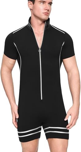 Landofgenie Mens Onesie Short Sleeve Cotton One Piece Romper Zipper Up Bodysuit With Shirt Collar in Saudi Arabia