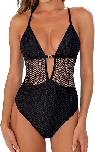 CUPSHE Women's One Piece Swimsuit Plunging Neck Cutouts Bathing Suit Textured Crisscross Back Self Tie Swimwear in Saudi Arabia