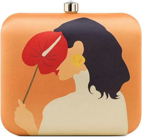 Elegant Evening Clutch Purse with Artistic Print Design, Coral Orange with Gold Chain Strap, Fashion Statement Handbag for Special Occasions in Saudi Arabia