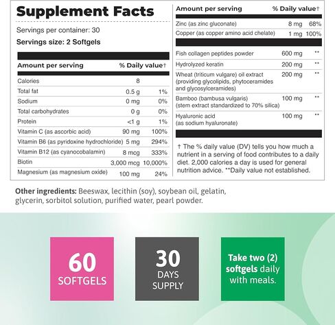 Collagen & Biotin Complex – 3000 mcg Biotin, 600 mg Collagen Peptides, 200 mg Hydrolyzed Keratin – Supports Healthy Hair, Skin & Nails – 60 Softgels in Saudi Arabia