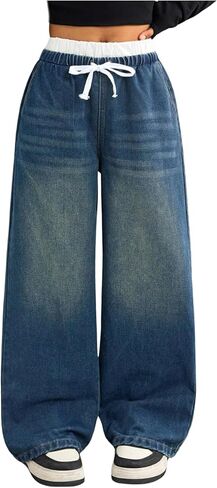 OYOANGLE Girl's Wide Leg Jeans Elastic High Waisted Tie Front Baggy Denim Pants in Saudi Arabia