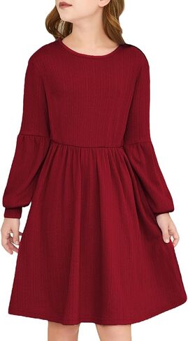 سترة الفتيات فساتين الخريف فانوس كم طويل فستان شتوي كاجوال محبوك للفتيات مقاس 7-14 سنة in Kuwait