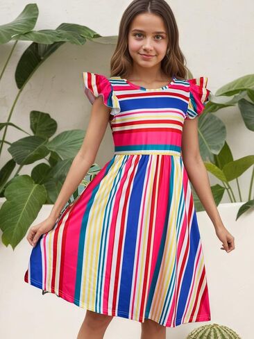 Girls Crew Neck Flutter Sleeve Striped Sundress Holiday Casual Summer A-line Flowy Dresses 10-14 Years in Saudi Arabia