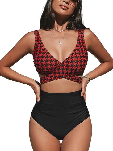 طقم بيكيني نسائي من CUPSHE برقبة على شكل V وأشرطة واسعة وشبكة كلاسيكية ملفوفة من الأمام بدلة استحمام عالية الارتفاع من الأسفل in Saudi Arabia