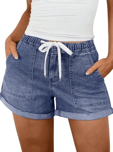 LovelyWholesale Womens Jean Shorts Summer Casual Mid Rise Cuffed Elastic Waist Denim Shorts in Saudi Arabia