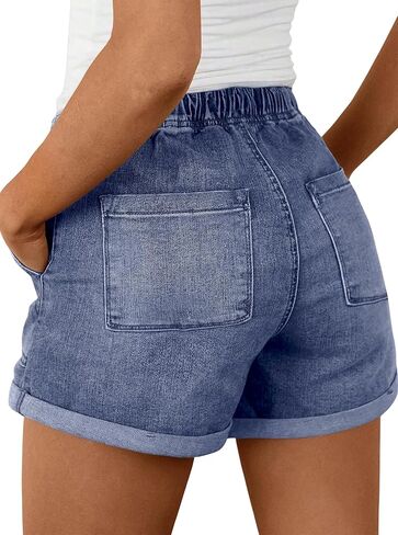 LovelyWholesale Womens Jean Shorts Summer Casual Mid Rise Cuffed Elastic Waist Denim Shorts in Saudi Arabia