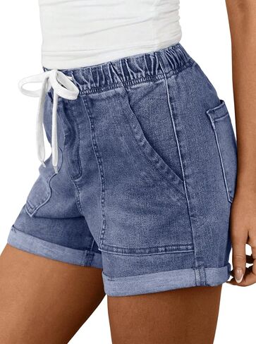 LovelyWholesale Womens Jean Shorts Summer Casual Mid Rise Cuffed Elastic Waist Denim Shorts in Saudi Arabia