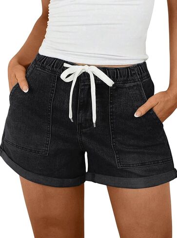 LovelyWholesale Womens Jean Shorts Summer Casual Mid Rise Cuffed Elastic Waist Denim Shorts in Saudi Arabia