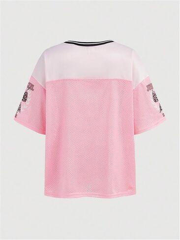 Girl's Leopard Bows Graphic Tees Oversized Y2K Jersey Mesh Color Block Short Sleeve V Neck T Shirt in Saudi Arabia