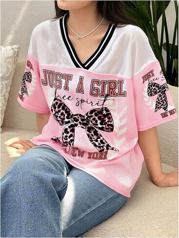 Girl's Leopard Bows Graphic Tees Oversized Y2K Jersey Mesh Color Block Short Sleeve V Neck T Shirt in Saudi Arabia