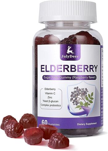 60 علكة Sambucus Elderberry Gummies - دعم المناعة للبالغين والأطفال 4+ 5 في 1 مع فيتامين C، الزنك، خميرة بيتا جلوكان، مركب البروبيوتيك، مكمل طبيعي لنبات البلسان، غير معدل وراثيًا، خالي من الغلوتين in Kuwait