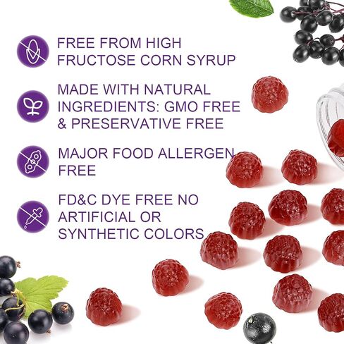 60 علكة Sambucus Elderberry Gummies - دعم المناعة للبالغين والأطفال 4+ 5 في 1 مع فيتامين C، الزنك، خميرة بيتا جلوكان، مركب البروبيوتيك، مكمل طبيعي لنبات البلسان، غير معدل وراثيًا، خالي من الغلوتين in Kuwait