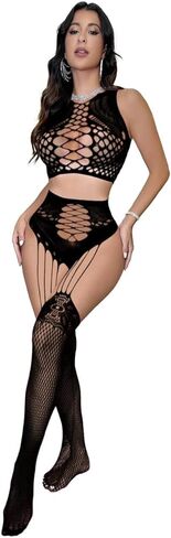 Womens Lingerie Set for Women Sexy Two Piece Hollow Out Mesh Fishnet Crop Tops and Thigh High Stockings Set Stripper Outfit in Saudi Arabia