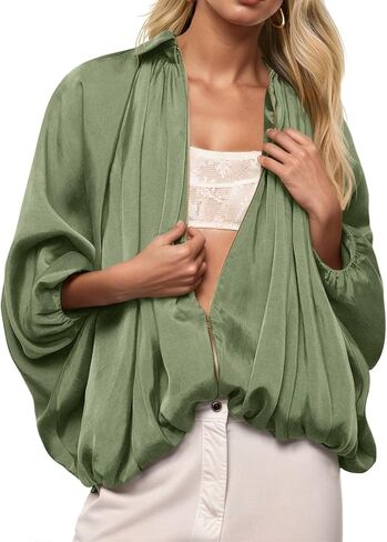 Tankaneo Womens Bomber Jackets Oversized Batwing Sleeve Zip Up Puffed Jacket Lapel Collar Pleated Outerwear in Saudi Arabia