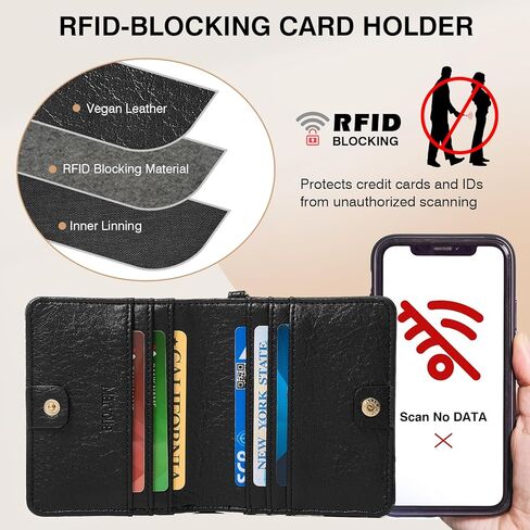 محفظة صغيرة من مارفوليا للنساء، محفظة حجب RFID مدمجة، جلد نباتي ناعم، حامل بطاقات ثنائي الطي، معصم للسيدات مع نافذة لبطاقة الهوية وجيب للعملات المعدنية - أسود in Kuwait