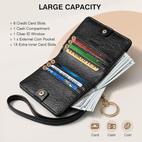 محفظة صغيرة من مارفوليا للنساء، محفظة حجب RFID مدمجة، جلد نباتي ناعم، حامل بطاقات ثنائي الطي، معصم للسيدات مع نافذة لبطاقة الهوية وجيب للعملات المعدنية - أسود in Kuwait