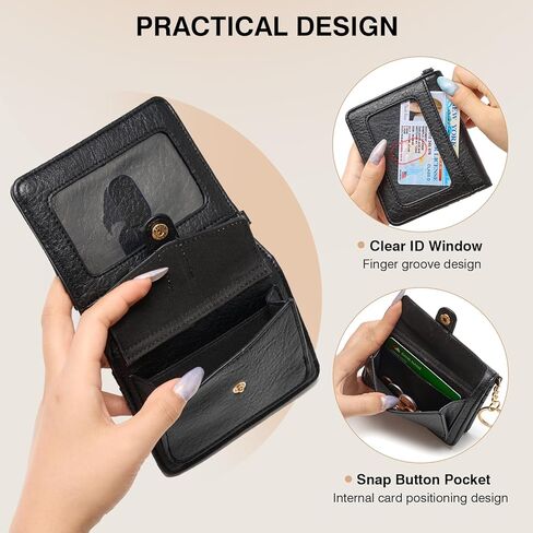 محفظة صغيرة من مارفوليا للنساء، محفظة حجب RFID مدمجة، جلد نباتي ناعم، حامل بطاقات ثنائي الطي، معصم للسيدات مع نافذة لبطاقة الهوية وجيب للعملات المعدنية - أسود in Kuwait