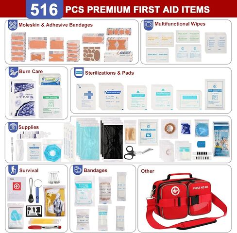 516 Piece First Aid Kit for Car, Travel & Home - Large Professional Waterproof Compact Labeled Emergency Kit with Molle Shoulder Strap Backpack for Camping, Hiking & Survival in Saudi Arabia