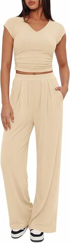 BTFBM Women's 2 Piece Outfits 2025 Summer V Neck Cap Sleeve Ruched Top and Wide Leg Pants Rib Knit Lounge Matching Sets in Kuwait