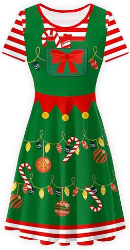 Deerose Christmas Short Sleeve Dresses Women Xmas Elastic Waist Midi Dresses Casual Tunic Dress in Kuwait