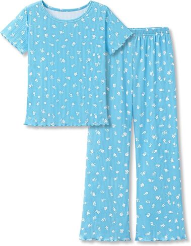 Beezizac Girls' Pointelle Knit Lettuce Trim Pajama - Cute Floral/Cherry Tee & Flared Wide-Leg Pants 2-pc PJs Sizes 6-18 in Saudi Arabia
