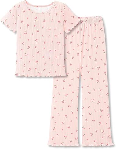 Beezizac Girls' Pointelle Knit Lettuce Trim Pajama - Cute Floral/Cherry Tee & Flared Wide-Leg Pants 2-pc PJs Sizes 6-18 in Saudi Arabia