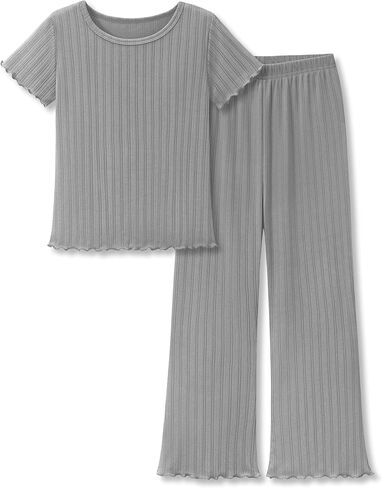 Beezizac Girls' Pointelle Knit Lettuce Trim Pajama - Cute Floral/Cherry Tee & Flared Wide-Leg Pants 2-pc PJs Sizes 6-18 in Saudi Arabia