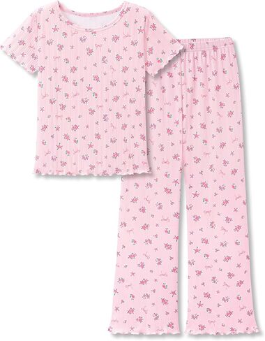 Beezizac Girls' Pointelle Knit Lettuce Trim Pajama - Cute Floral/Cherry Tee & Flared Wide-Leg Pants 2-pc PJs Sizes 6-18 in Saudi Arabia