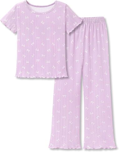 Beezizac Girls' Pointelle Knit Lettuce Trim Pajama - Cute Floral/Cherry Tee & Flared Wide-Leg Pants 2-pc PJs Sizes 6-18 in Saudi Arabia