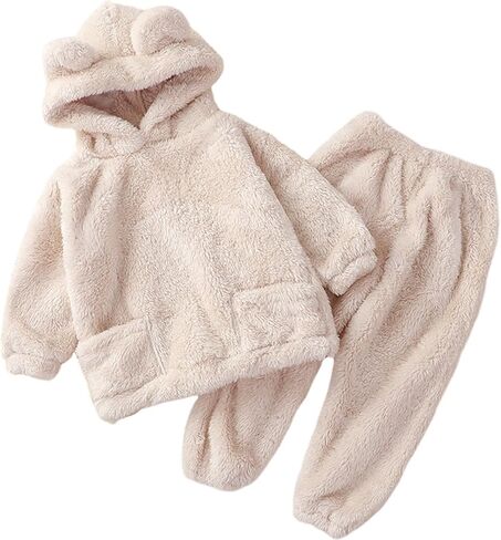 Gihuo Girls Fleece Pajamas Fuzzy Pajamas Toddler Bear Hoodie and Pants Set Kids Winter Cozy Sleepwear Outfit in Saudi Arabia