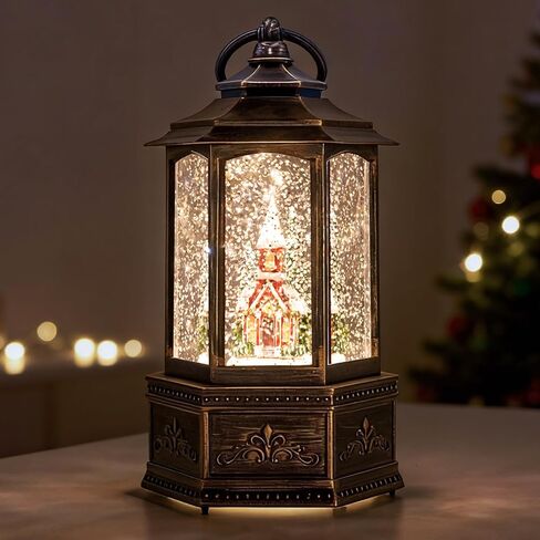 Christmas Snow Globes, 9.37" Church Glitter Water Lantern with Song, 6H Timer Battery & USB Powered Music Box for Christmas Decorations Indoor in Saudi Arabia