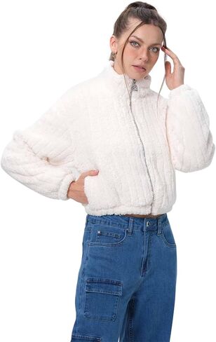 FASHIONSPARK Womens Sherpa Fleece Jacket Cropped Zip Up Fuzzy Teddy Bear Coat Winter Warm Chunky Outerwear in Saudi Arabia