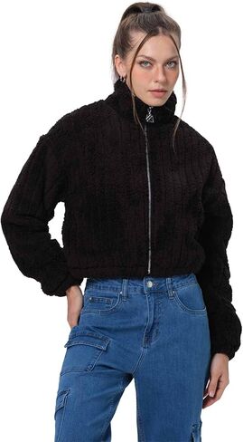 FASHIONSPARK Womens Sherpa Fleece Jacket Cropped Zip Up Fuzzy Teddy Bear Coat Winter Warm Chunky Outerwear in Kuwait