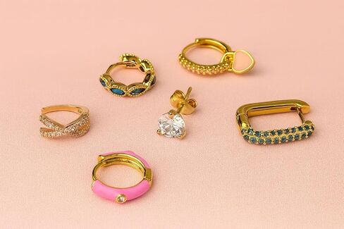 Earring Stacks Set For Women, 6Pcs Single Earrings for One Ear 14K Gold Plated CZ Colorful Gemstone Multiple Piercing Huggie Hoop Ear Cuff Nickel Free Hypoallergenic Jewelry Gift Set in Saudi Arabia